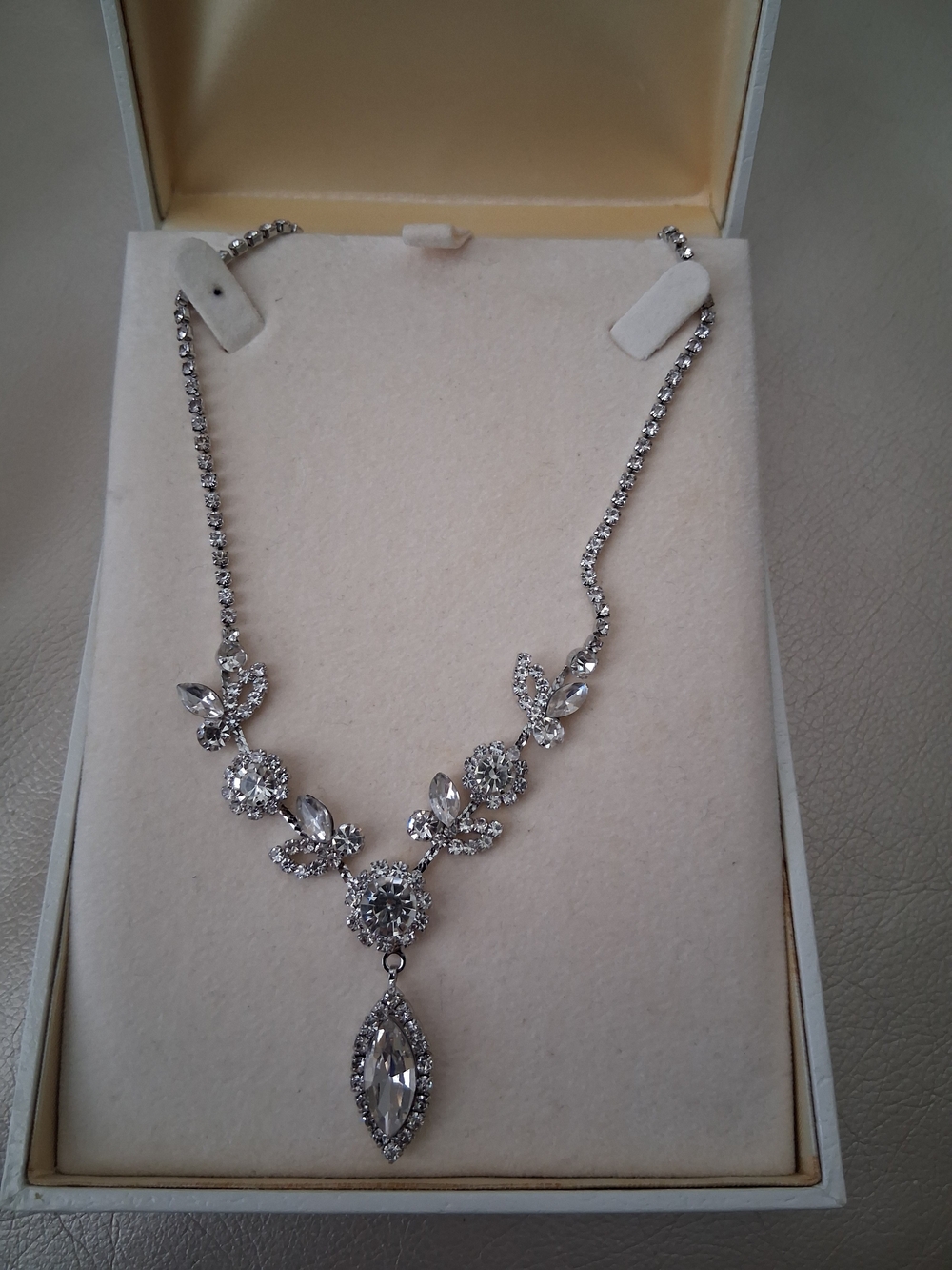 Silver Crystal Floral Drop Necklace - White
